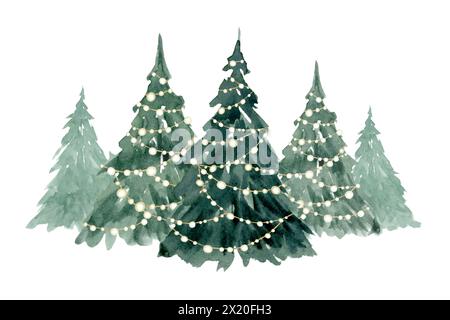 Arbres de Noël décorés de guirlandes lumineuses dans une illustration aquarelle de rangée. Forêt de sapins d'épicéa d'hiver Banque D'Images