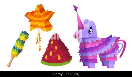 Pinata mexicaine pour icône vectorielle de dessin animé de fête d'anniversaire d'enfants. Jeu de vacances mexique avec cheval de papier drôle et ensemble graphique de bonbons. Licorne, pastèque et star de la collection de design artisanal à frapper Illustration de Vecteur