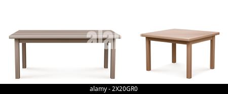 Tables en bois fixées isolées sur fond blanc. Illustration réaliste vectorielle de meubles de design d'intérieur de cuisine de maison ou de restaurant, maquette de bureau en bois naturel, plateau de table en chêne brun clair Illustration de Vecteur