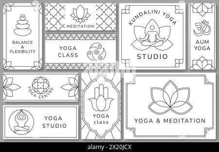 Modèles de studio de yoga. Fleur de Lotus, méditation et harmonie équilibre flyer et disposition de conception de bannière avec illustration vectorielle d'art au trait ensemble de méditation Illustration de Vecteur