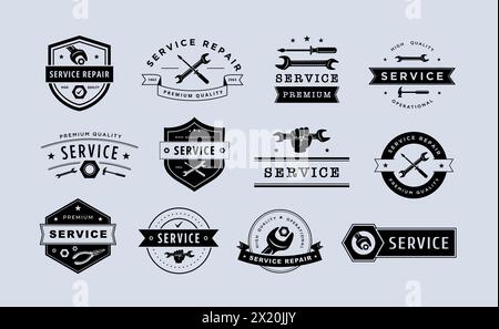 Emblème de service de réparation. Badges de mécanicien vintage et étiquettes d'atelier, modèles de société de maintenance ensemble de vecteur de mécanicien de service illustration vintage Illustration de Vecteur