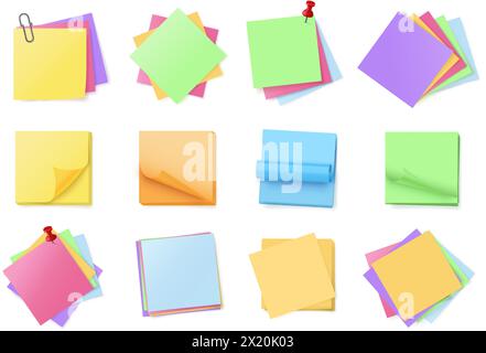Pile de notes adhésives couleur. Blocs-notes adhésifs vierges, blocs-notes multicolores empilés épinglés avec des épingles ou des trombones. Ensemble vectoriel de messages Office vide Illustration de Vecteur