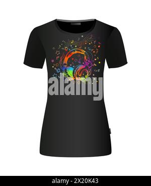 Design musical sur un T-shirt. Abstraction musique colorée. Écouteurs et notes. Impression de tee-shirts. dessin à la main. Pas IA. Illustration vectorielle Illustration de Vecteur