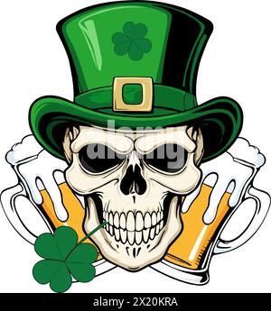 saint patron de saint Patrick de Ireland.Skull avec trèfle en bouche et deux verres de bière. Illustration de Vecteur