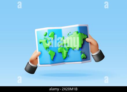 Carte du monde pliée de dessin animé 3D en main Illustration de Vecteur