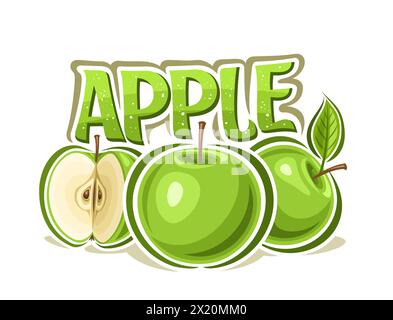 Logo vectoriel pour Green Apple, affiche horizontale décorative avec illustration de contour de la composition de pomme avec feuille verte, impression fruitée de dessin animé Illustration de Vecteur