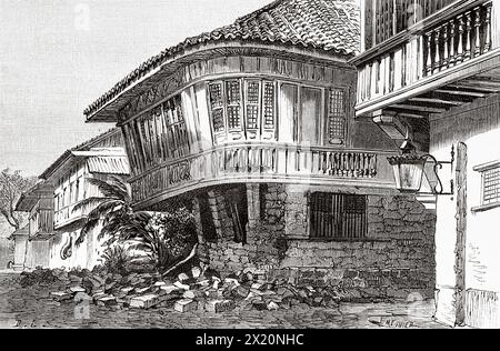 Maison après le tremblement de terre du 18 juillet 1880 à Manille, Philippines, Asie du Sud. Drawingg de Dieudonne Lancelot (1823 - 1895) Luçon et Palawan, six ans de voyage aux Philippines par Alfred Marche (1844-1898) le Tour du monde 1886 Banque D'Images