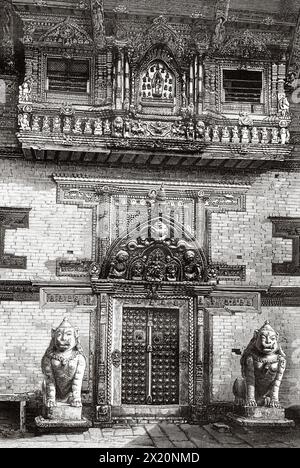 Ancienne porte dans le Palais Royal, Durbar Square de Patan, Lalitpur, Vallée de Katmandou. Népal. Asie. Dessin de Charles Barbant (1844 - 1921) voyage au Népal du Docteur Gustave le bon (1841-1931) le Tour du monde 1886 Banque D'Images