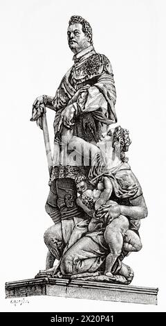 Sculpture de Ferdinand Ier (1551-1609) Grand-Duc de Toscane, Pise. Toscane, Italie. Europe. Dessin d'Eugene Ronjat (1822 - 1912) voyage à travers la Toscane 1881 par Eugene Muntz (1845 - 1902) le Tour du monde 1886 Banque D'Images