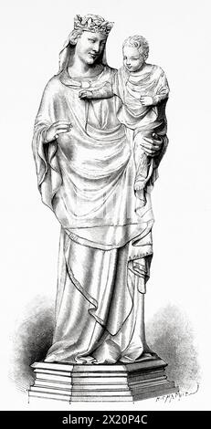 La Vierge avec l'enfant. Sculpture en marbre de Nino Pisano, Pise. Toscane, Italie. Europe. Dessin de Chapuis. Voyage à travers la Toscane 1881 par Eugene Muntz (1845 - 1902) le Tour du monde 1886 Banque D'Images