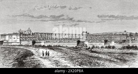 Vieux pont sur le Rhin, Alsace, France. Dessin d'Edgar Barclay (1842 - 1913) à travers l'Alsace et la Lorraine, 1884 de Charles Grad (1842 - 1890) le Tour du monde 1886 Banque D'Images