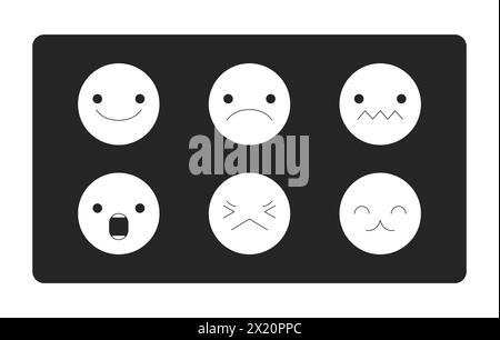 Emojis exprimant différents sentiments objet de dessin animé en ligne 2D noir et blanc Illustration de Vecteur