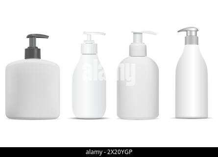 Bouteille distributrice de savon liquide. Modèle de flacon de pompe, blanc vecteur isolé. Produit cosmétique réaliste, maquette de lotion pour les mains. Illustration du tube de désinfectant Illustration de Vecteur