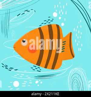 Affiche représentant un poisson plat mignon dans un style de bande dessinée sur un fond bleu vif. Conception d'affiche. Illustration Banque D'Images