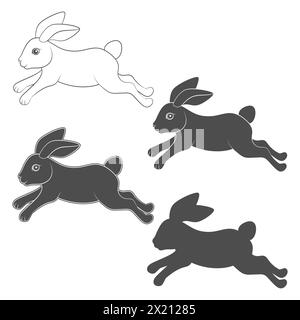 Ensemble d'illustrations en noir et blanc avec lapin sauteur mignon. Objets vectoriels isolés sur fond blanc. Illustration de Vecteur