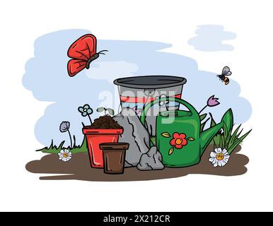 Illustration vectorielle lumineuse dessinée à la main des outils de jardin, seau, pots de fleurs, arrosoir et nature printanière. Illustration de Vecteur
