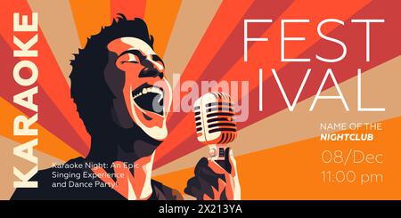 Bannière d'émission de karaoké. Festival de discothèques de musique dessin d'art imprimé. L'homme chante la chanson dans le micro. Modèle de plaque d'illustration d'événement musical avec personne chantant. Conception de vecteur eps de couverture de typographie à la mode Illustration de Vecteur