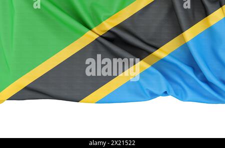 Drapeau de Tanzanie isolé sur fond blanc avec espace de copie ci-dessous. Rendu 3D. Banque D'Images