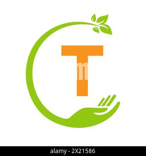 Logo ECO sur la lettre T concept avec symbole main et feuille. Affiche de recyclage Illustration de Vecteur