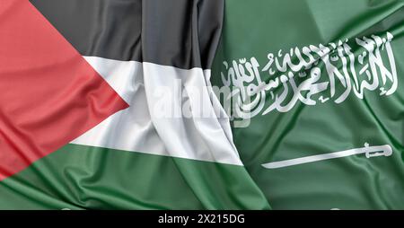 Drapeaux de Palestine et Arabie Saoudite. Rendu 3D. Banque D'Images