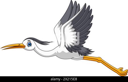 Cigogne de dessin animé mignon volant sur fond blanc Illustration de Vecteur