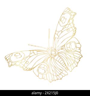 Illustration d'art de ligne de papillon doré. Illustration d'art de feuille d'or de papillon. Papillon insecte pour autocollants, tatouage, silhouette, scrapbook. Vector han Illustration de Vecteur