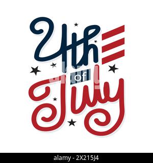 Illustration vectorielle de texte écrite à la main du 4 juillet avec couleur rouge et bleue, étoiles et rayures de drapeau des États-Unis. 4 juillet jour de l'indépendance américaine. Bannière Illustration de Vecteur