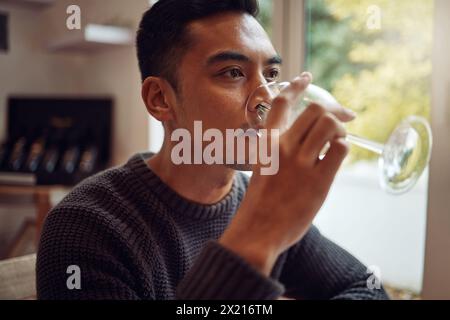 Boisson, vin et homme asiatique avec verre pour la dégustation et la cuisine fine à la ferme ou cave. Philippin homme et expérience d'alcool de luxe et de test à Banque D'Images