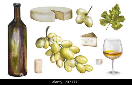 Illustration aquarelle, composition du vin avec une bouteille de vin, différents types de fromage et de raisins. Set de vin pour divers modèles. Banque D'Images