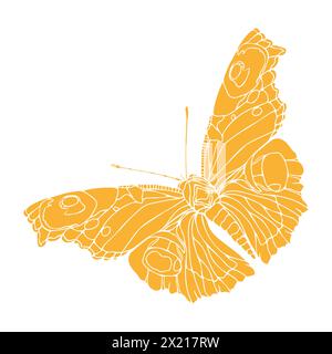 Une silhouette jaune papillon avec des taches est dessinée sur un fond blanc. Le papillon est dessiné de manière stylisée, avec ses ailes déployées et son Illustration de Vecteur