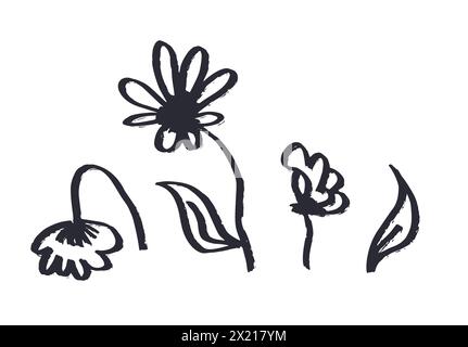 Ensemble de croquis de fleurs abstraites au pinceau à encre isolé sur blanc Illustration de Vecteur