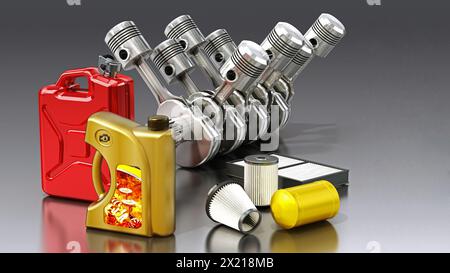 Moteur V6, cartouche de gaz, bouteille d'huile et filtres de rechange. 3D illustration. Banque D'Images