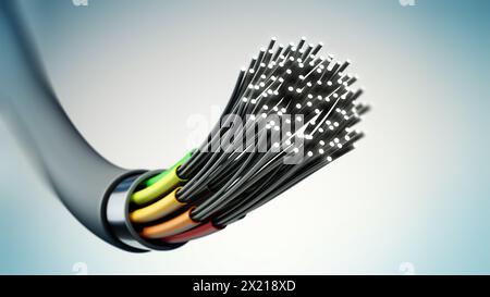 Câble à fibre optique isolé sur fond gris. 3D illustration. Banque D'Images