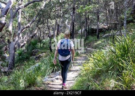 Parc national de Ku-ring -gai Chase, modèle de femme d'âge moyen sorti randonnée le long du sentier de randonnée Red Hands Cave de West Head, Sydney, Nouvelle-Galles du Sud, Australie Banque D'Images