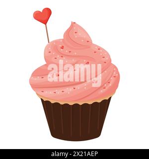 Cupcake à la crème rose, délicieux dessert savoureux avec décoration de coeur isolé sur fond blanc. Nourriture sucrée, célébration de la Saint-Valentin. Clipart, élément de conception. Illustration vectorielle Illustration de Vecteur