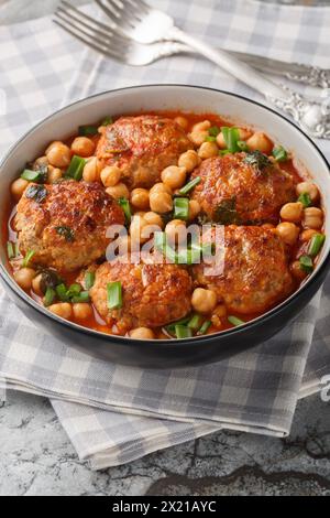 Boulettes d'agneau mijotées avec des pois chiches dans une sauce tomate-menthe gros plan dans un bol sur la table. Vertical Banque D'Images