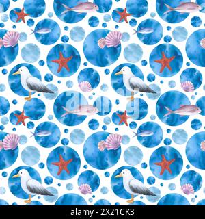 Impression géométrique de cercles bleus et turquoises avec des animaux marins - mouette, poissons et coquillages avec étoiles de mer sur fond blanc. Aquarelle dessinée à la main i Banque D'Images