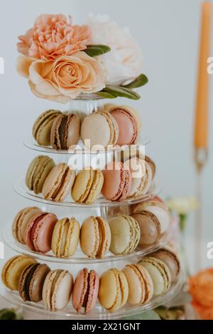 Gros plan d'une tour de macarons colorée avec roses roses et œillets Banque D'Images