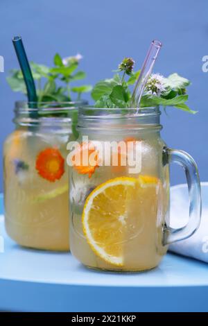 Thé glacé maison à base de tisane avec jus de pomme, jus d'orange, menthe à l'eau, marjolaine sauvage, étape 5 : thé glacé prêt à l'emploi, garni de fleurs Banque D'Images