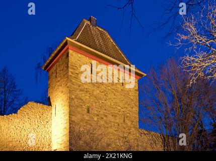 Tour Trinsen illuminée dans la soirée dans la vieille ville de Ratingen, Allemagne, Rhénanie du Nord-Westphalie, Bergisches Land, Ratingen Banque D'Images