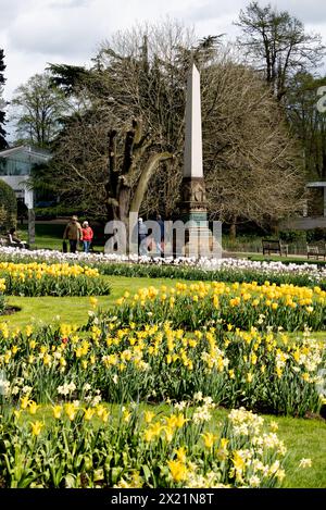 Le mémorial Edward Willes et les tulipes au printemps, Jephson Gardens, Leamington Spa, Warwickshire, Angleterre, ROYAUME-UNI Banque D'Images