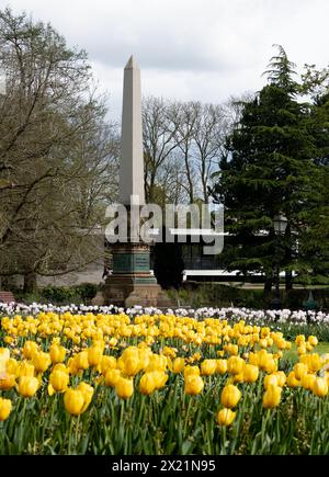 Le mémorial Edward Willes et les tulipes au printemps, Jephson Gardens, Leamington Spa, Warwickshire, Angleterre, ROYAUME-UNI Banque D'Images