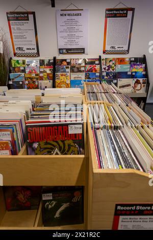 Poole, Dorset, Royaume-Uni. 19 avril 2024. Le magasin de disques Boiler Room Records de Kingland Crescent, Poole prépare la journée du magasin de disques demain, encourageant les gens à visiter et soutenir les magasins de disques locaux. Le magasin ouvre à 8h du matin avec des files d'attente attendues pour accéder à des centaines d'éditions limitées d'un large éventail d'artistes, qu'ils ne peuvent pas enregistrer à l'avance ou précommander. Des légendes comme David Bowie qui ne sont plus avec nous seront des vinyles populaires. Crédit : Carolyn Jenkins/Alamy Live News Banque D'Images