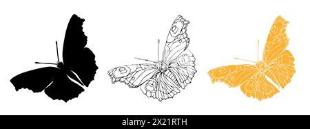 Dessin au trait à l'encre noire papillon et illustrations détaillées de silhouette pour la découpe au laser. Ensemble d'insectes pour coloriage, tatouage, autocollants dessinés à la main. Vecteur Illustration de Vecteur