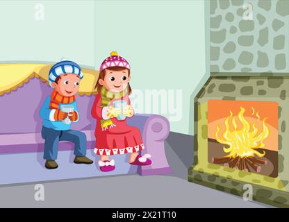 Garçon et fille mignons portant des vêtements d'hiver assis à côté de l'illustration vectorielle de cheminée Illustration de Vecteur