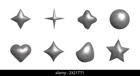 Formes 3D dans un élément métallique de style Y2K. Boule coeur étoile. Set pour la conception de poster de bannière Web design. Illustration vectorielle. Illustration de Vecteur