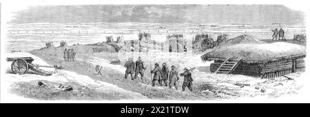 Illustrations de la guerre au Schleswig par notre artiste spécial : Battery au sommet du Dannewerk, 1864. Vue de '...le sommet avec une batterie de canons, et une vue sur le pays environnant... les Danois ont été obligés... de l'abandonner et de se retirer vers le nord, le soir du 5 février... le destin du Dannewerk devait être inglorieusement perdu... les commandants autrichiens et prussiens ont pris conseil ensemble pour la démolition finale de cette énorme double ligne de terrassements fortifiés, qui s'étend de près de la ville de Schleswig, sur le côté est du duché, à la rivière Treen, quelques miles au-dessus de son Banque D'Images