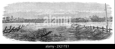 Inondations à Melbourne, Australie : préparation Kilda Road, côté sud du pont Prince, 1864. Gravure d'une photographie de Messrs Davies. 'Sur le Déc. 13 gros bruits de vent, accompagnés de pluie, ont balayé la ville, et ont continué à augmenter en intensité au cours des trois jours suivants. Le vent venant du S.W. et du S.S. W., une marée haute se leva. Ceci, couplé à la forte pluie, a eu pour effet de faire monter la rivière Yarra à une hauteur plus grande qu'elle ne l'avait jamais fait auparavant... toute communication avec les banlieues a été complètement coupée pendant deux jours... À travers le Kilda Road, sur le côté sud de PR Banque D'Images