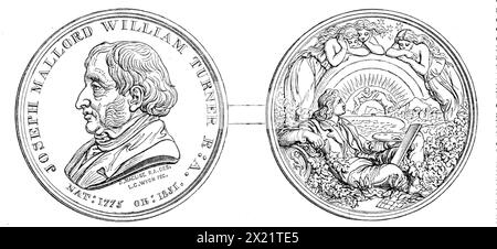 Médaille d'or Turner, 1864. Cette médaille... est intéressante dans le cadre du legs public munificent du grand peintre dont le nom et le portrait sont gravés dessus... les dessins de la médaille ont été réalisés par Mr. D. Maclise, R.A. L'avers porte un portrait du profil fortement marqué de Turner... autour de la tête se trouve l'inscription, "Joseph Mallord William Turner, R.A. NAT. 1775, OB. 1851." Au revers, il y a [un] dessin poétique... Un jeune peintre, avec palette, pinceaux et chevalet, appuyé sur un bouclier, se trouve parmi les feuilles de vigne et de laurier, perdu dans une ivresse plus délicieuse que Tha Banque D'Images