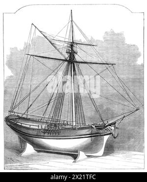 Maquette du yacht de la reine Elizabeth, 1864. « Notre gravure représente un modèle du yacht royal construit pour la reine Elizabeth, maintenant en possession du M.R. Charles Brown, du chantier naval de sa Majesté, Deptford. Il est d'environ 5 pieds. en longueur, et a été modélisé en 1588. Il est découpé dans le bois massif, les sculptures ornementales, qui sont excellentes à la fois dans leur conception et leur exécution, étant laissées en relief. En dessous du fusil, sur une strie bleue ou un ruban, sont peints plusieurs groupes de petits personnages, représentant divers sujets de la mythologie classique ; et sur la poupe est une sculpture exquise, qui représente Banque D'Images